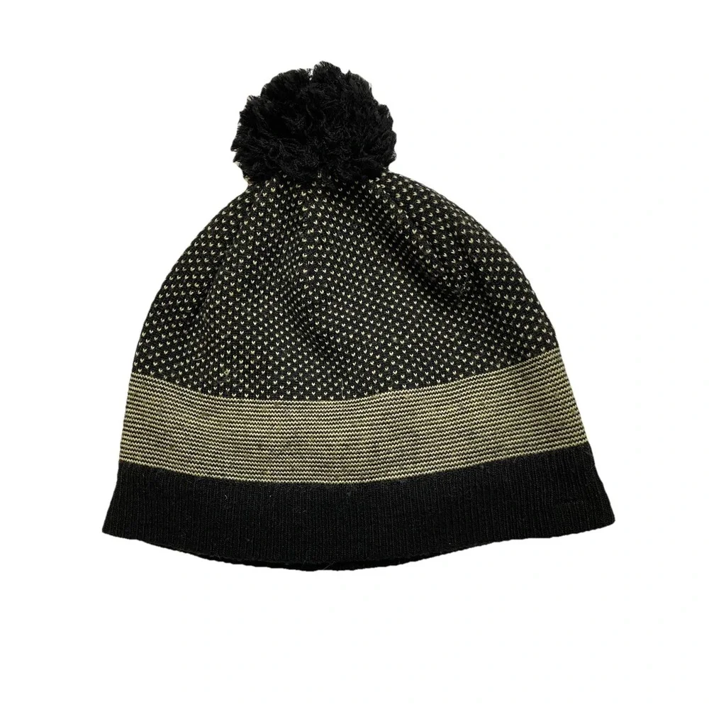 Black Diamond Equipment Beanie‎ Hat Black Gold Dot Pom Pom Knit Ski Cap RN 81935